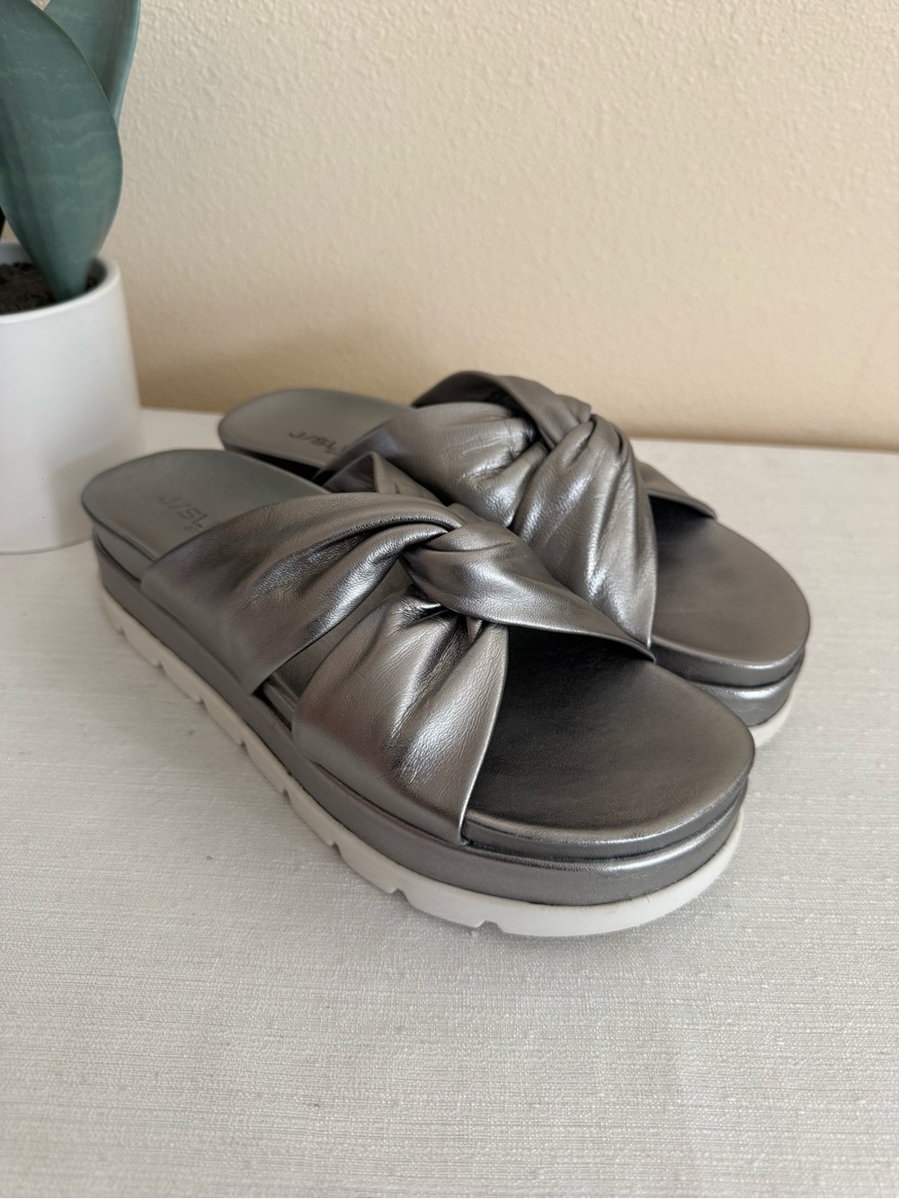 J. Slides Metallic Pewter Leather Knot Platform Slide Sandals